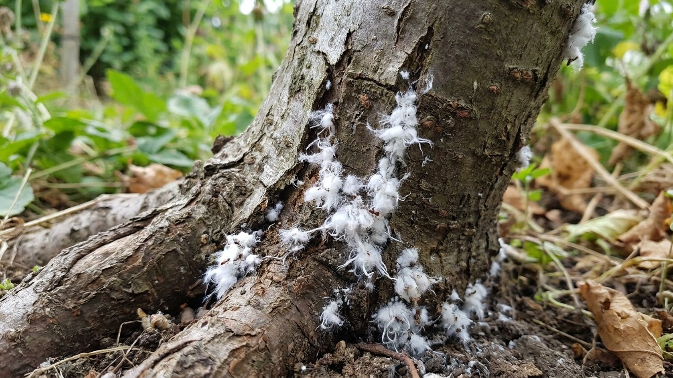 Woolly Apple Aphid: White Fluff on Bark and Roots