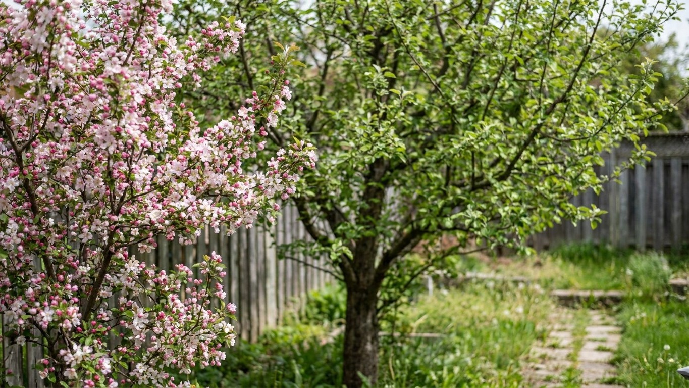 A spring garden with pink-flowering ornamental trees and lush green foliage along a wooden fence and stone pathway.