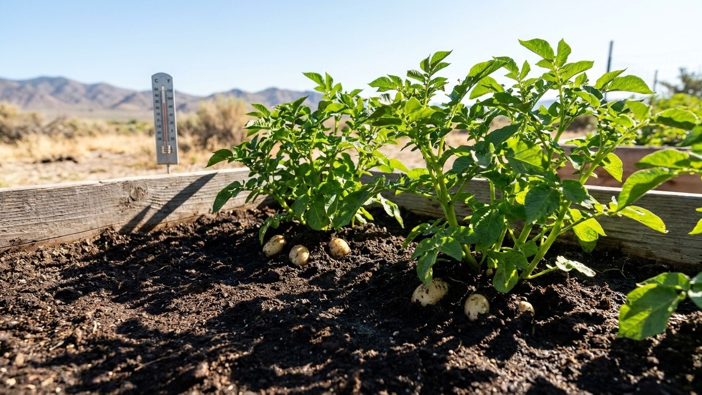 Young potato plants with visible tubers sprouting from dark soil in a raised garden bed in an arid landscape.
