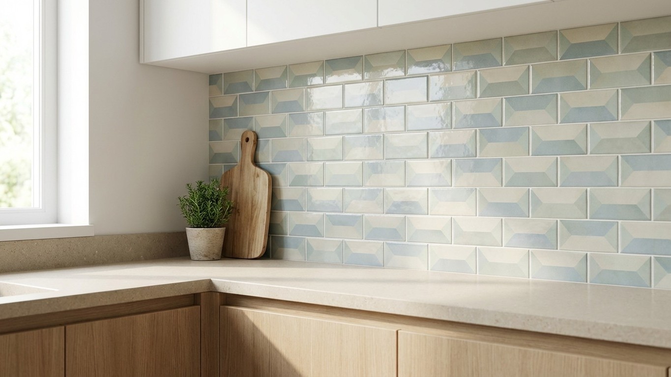 Modern kitchen interior with white subway tile backsplash, wood cabinetry, countertop, and a potted herb plant near a window.