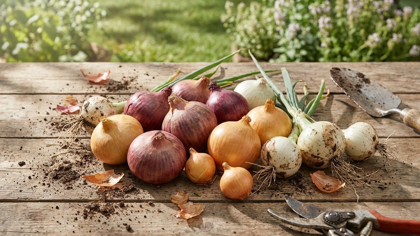 A harvest display of red, yellow, and white onions with soil and dried green tops arranged on a rustic wooden table with herb plants visible in the background.