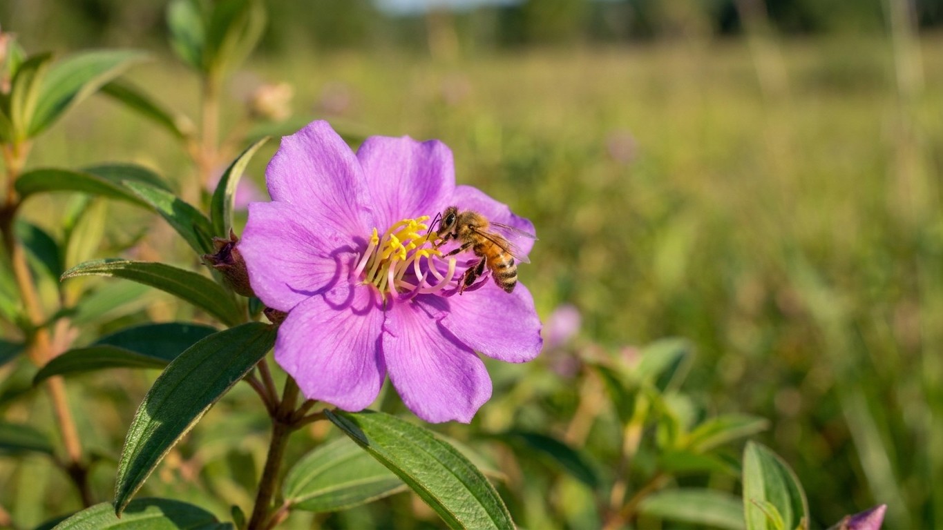 A magenta rockrose flower with yellow stamens visited by a honeybee in sunlit garden conditions.
