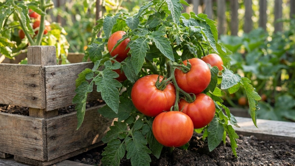 Bright red ripe tomatoes hang from a healthy green vine in a rustic wooden raised garden bed.