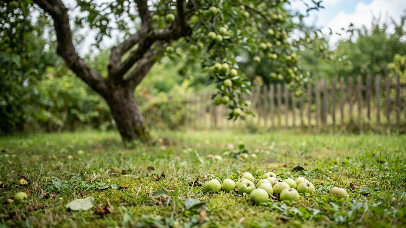 Fresh green apples lie scattered on the ground beneath a mature tree in a pastoral orchard setting with wooden fence visible in the background.