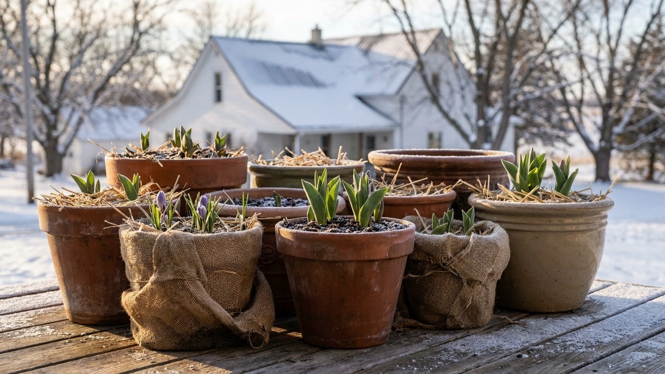 Early spring bulbs sprouting in various terracotta and ceramic pots arranged on a wooden deck with a snow-covered house and bare trees in the background.