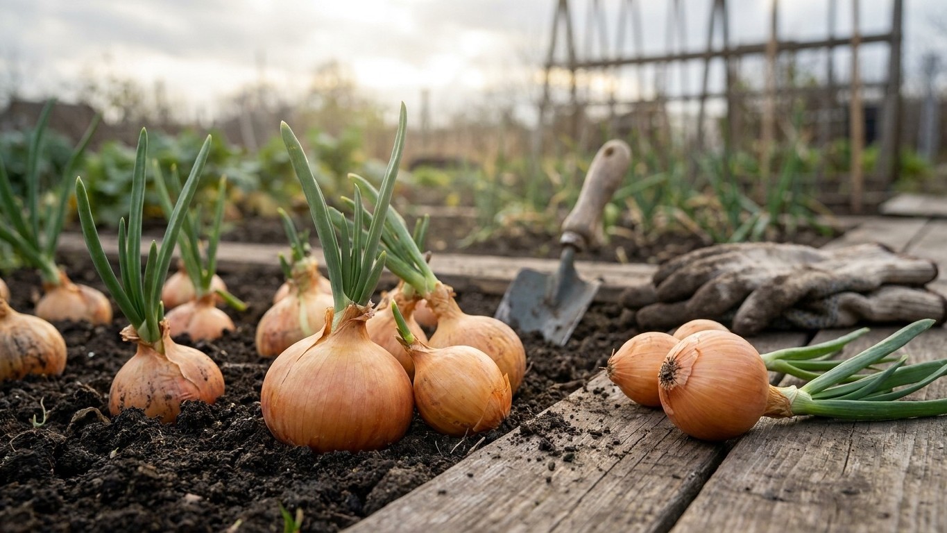 Freshly harvested golden onions with green tops arranged in a vegetable garden bed next to a garden shovel and raised fence structure.