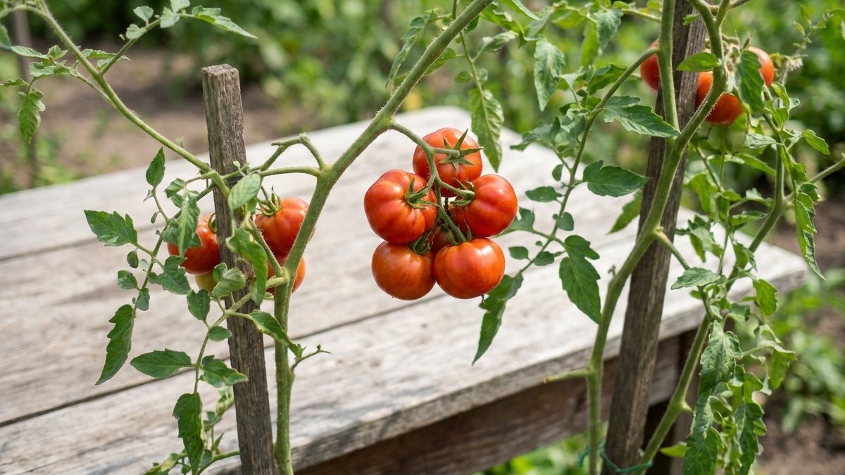 Healthy tomato plants bearing clusters of ripe red fruit supported by wooden stakes in a home vegetable garden.