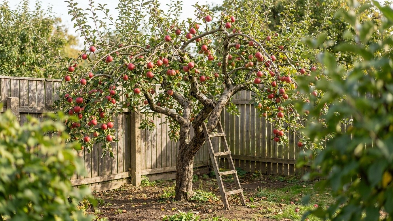 A productive apple tree heavy with ripe red fruit stands in a fenced backyard garden with a wooden ladder nearby for harvesting.