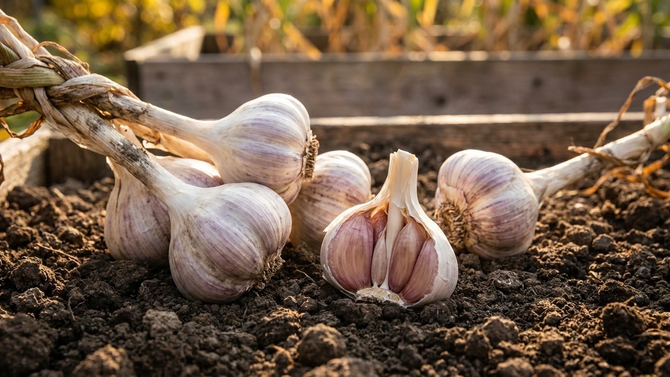 Fresh garlic bulbs and broken cloves arranged on dark garden soil with a planter box visible in the background.