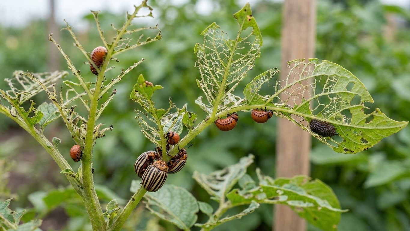 Colorado potato beetles infesting a potato plant stem with visible damage to foliage.