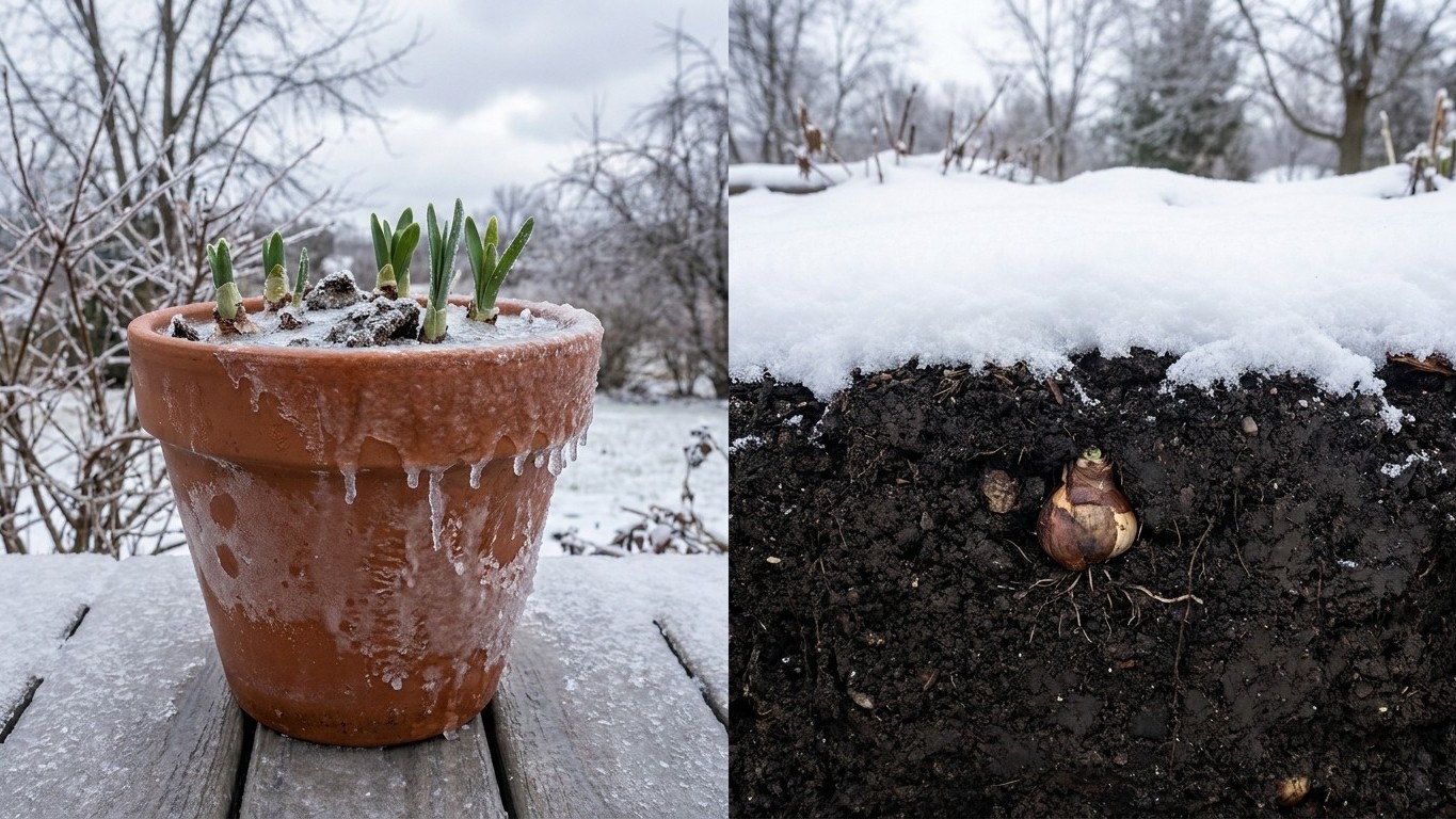 Comparison of early spring bulb shoots with frost damage and a frozen bulb in snow-covered soil next to a terracotta pot.