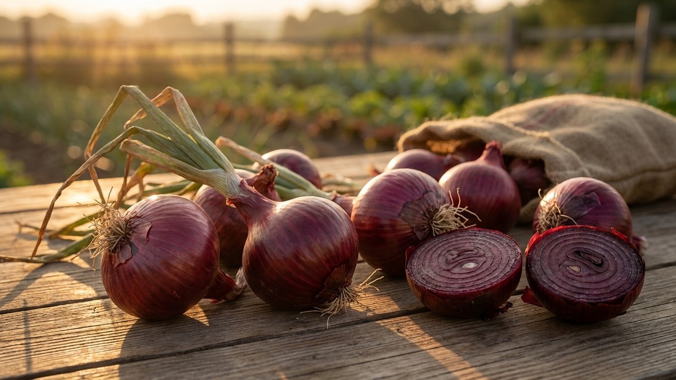 Freshly harvested red onions with stems displayed on a wooden surface with a vegetable garden visible in the background at golden hour.