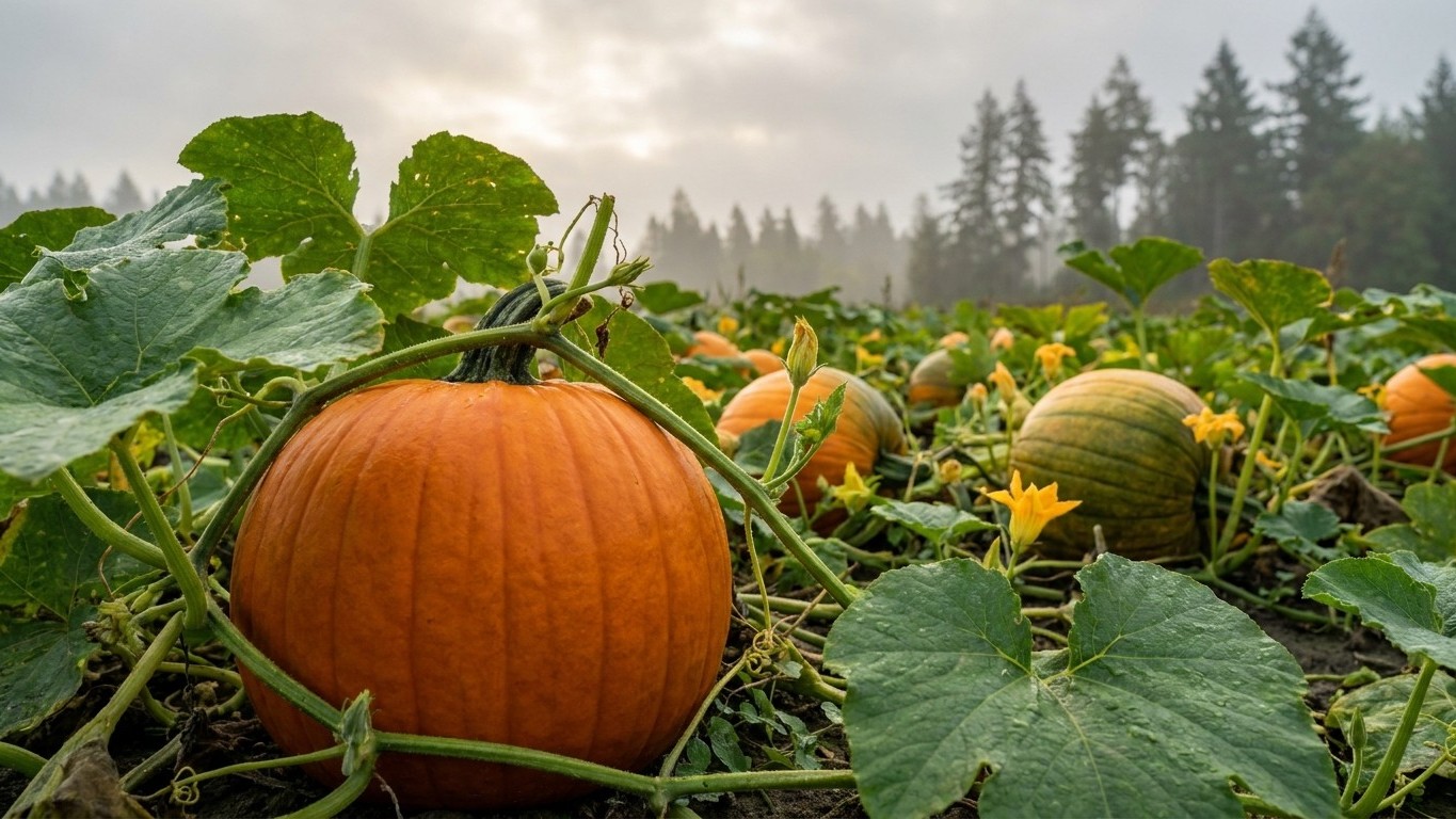 A mature pumpkin patch with orange pumpkins and green foliage, coniferous forest visible in the misty background.
