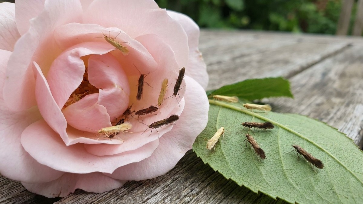 A fully bloomed pink rose with visible insects crawling on its petals, displayed on weathered gray wood with a green leaf nearby.