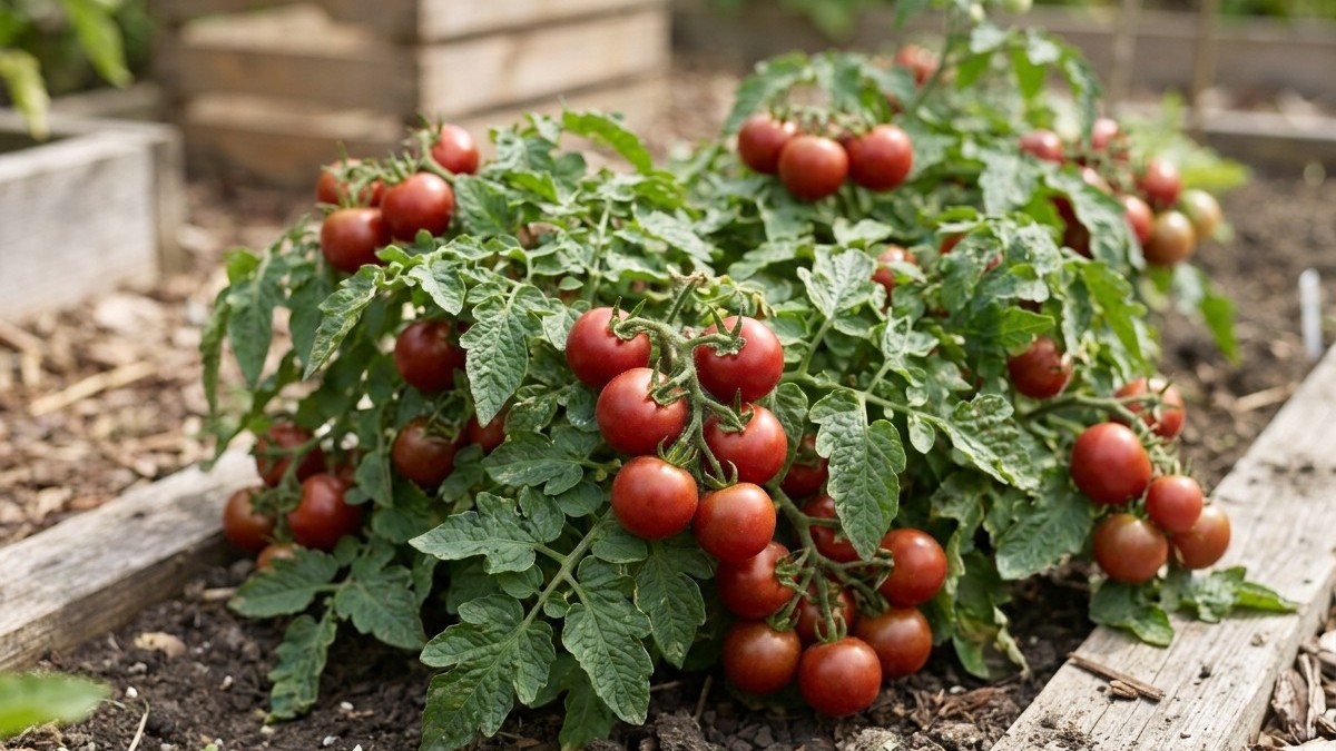 A productive tomato plant with abundant ripe red fruit growing in a raised garden bed surrounded by wooden borders.