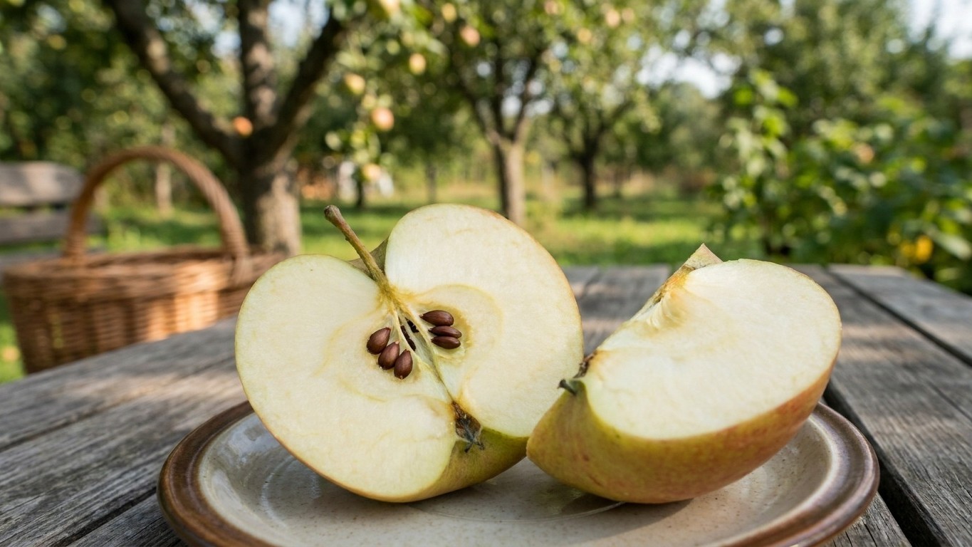 Fresh apples cut in half on a plate, displayed in an orchard setting with trees and a basket in the background.