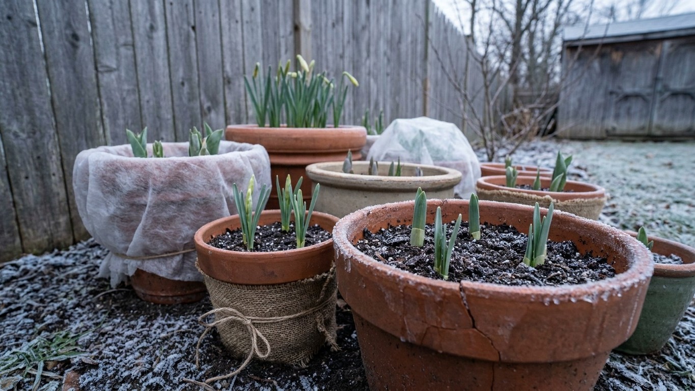 Early spring vegetable seedlings sprouting in terracotta pots with protective frost cloth in a backyard garden setting.