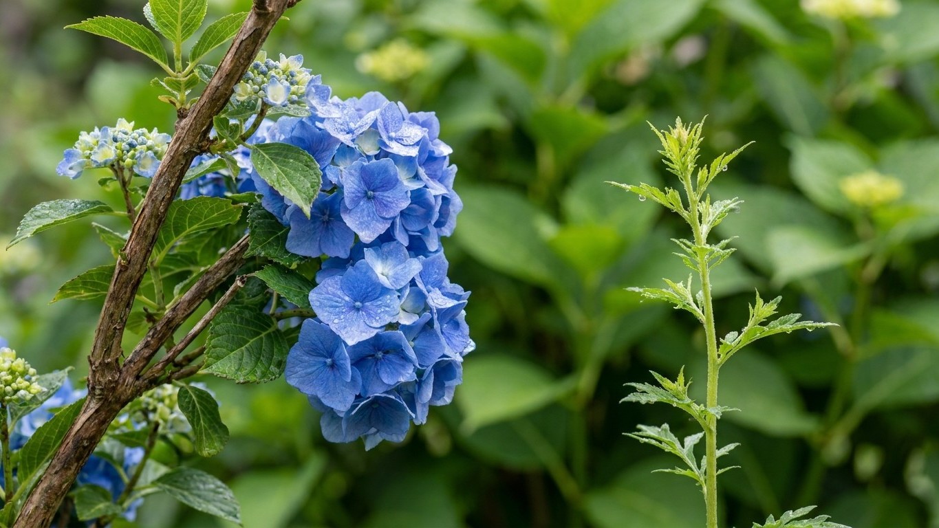 A vibrant blue hydrangea bloom with layered petals in full flower, surrounded by green foliage and companion plants in a garden setting.