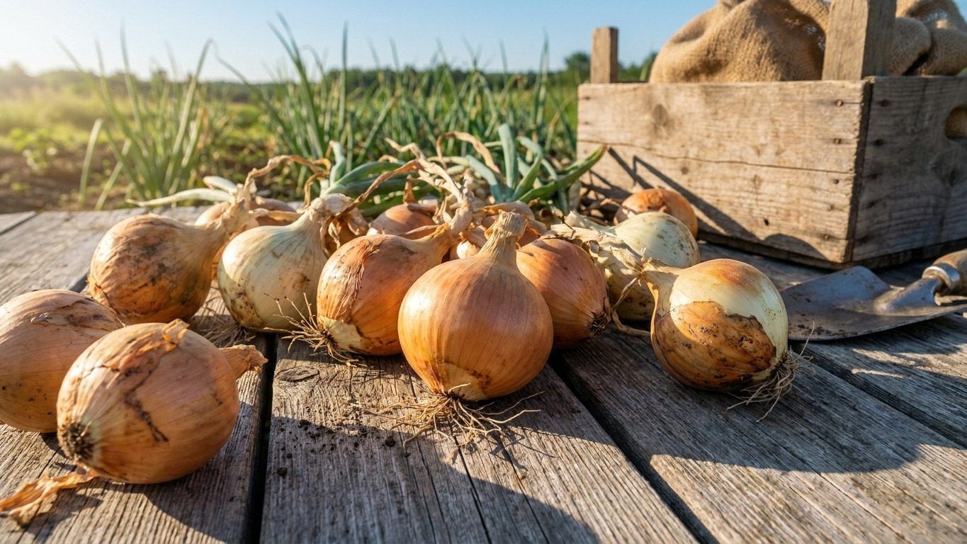 Golden onions freshly harvested and arranged on weathered wood with a vegetable field and wooden crate visible in the background.