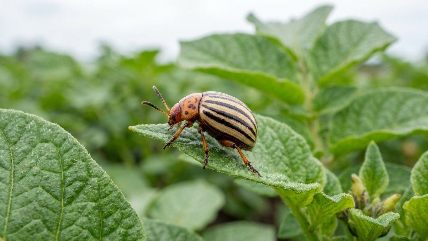 A striped Arizona potato beetle crawls across a green potato plant leaf in a garden setting.