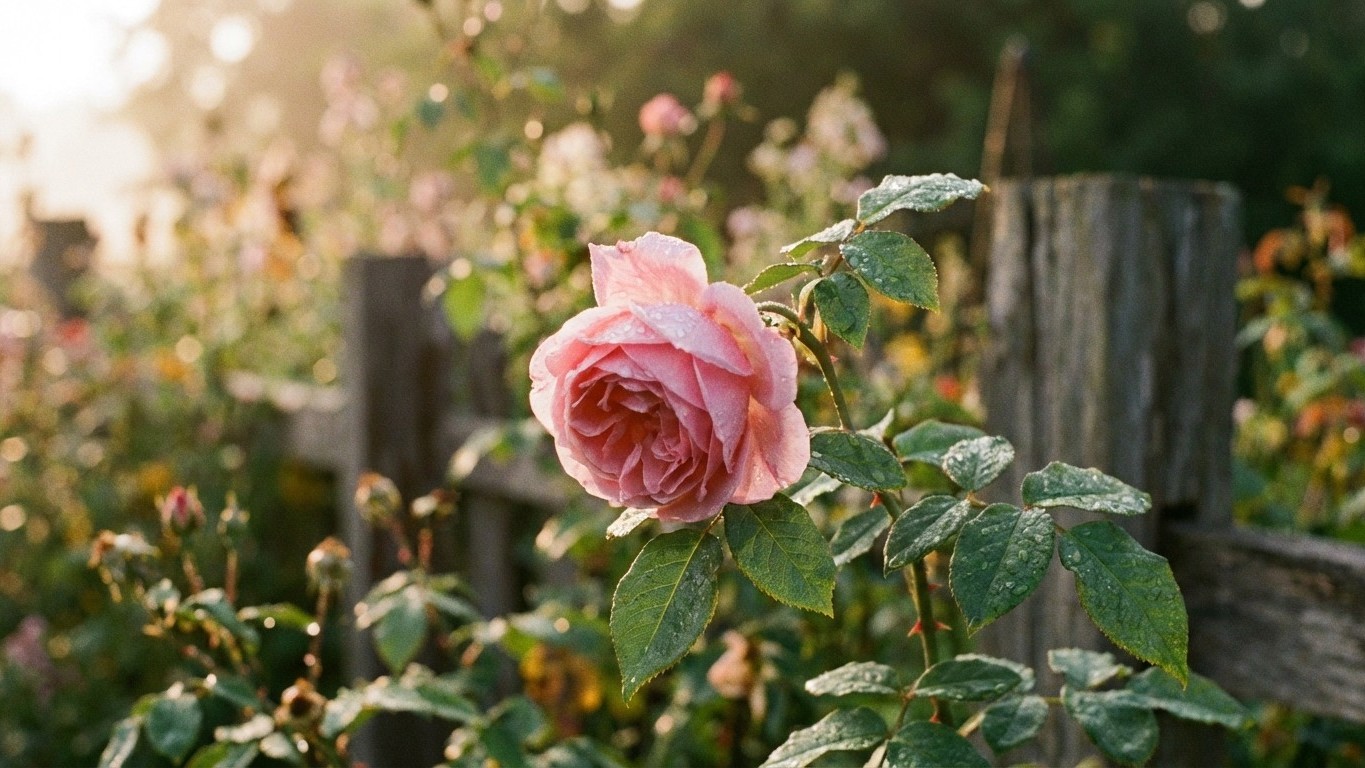 A pink full-bloom rose glistens with morning dew in a lush garden setting with a weathered wooden fence in the background.