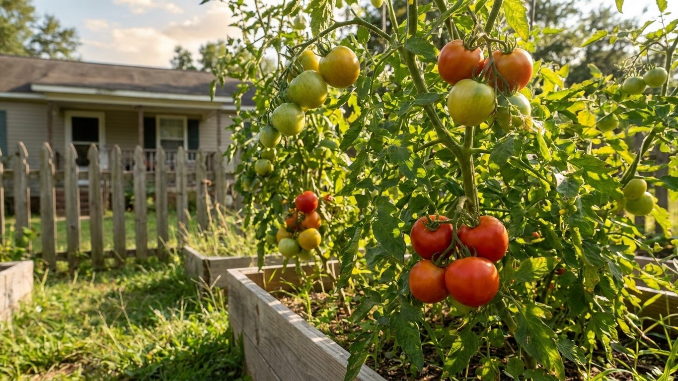 A lush tomato plant heavy with ripe and ripening fruit grows in a raised garden bed near a residential house.