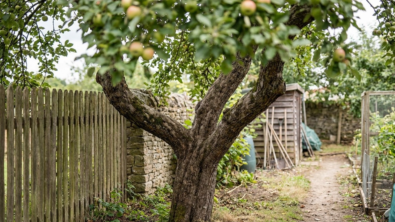 A gnarled multi-trunked apple tree dominates a residential garden landscape with wooden fencing, outbuildings, and mature fruit visible in the canopy.
