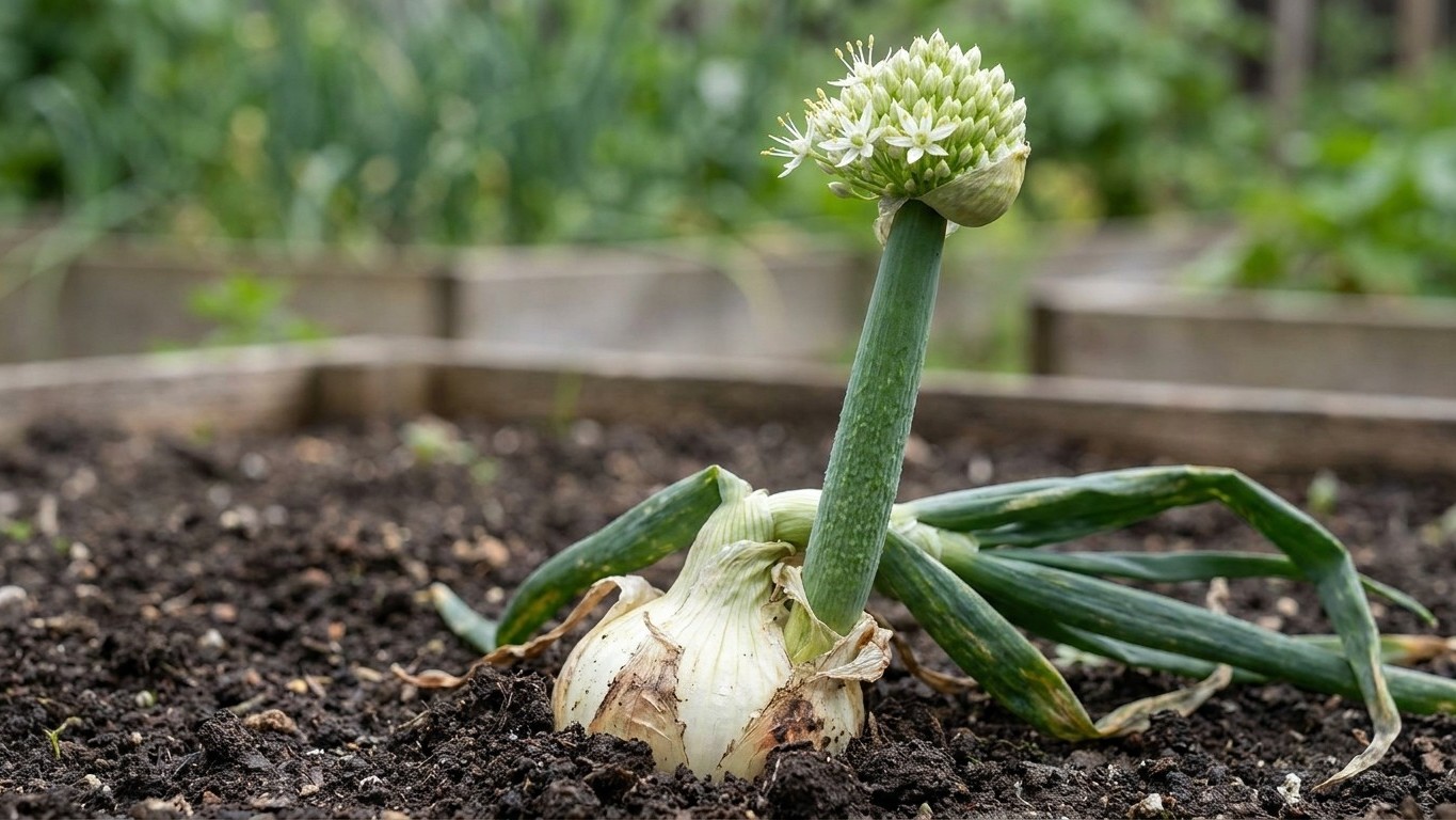 A garlic plant in a vegetable garden bed with a bolting flower scape and exposed bulb, surrounded by soil and green foliage.