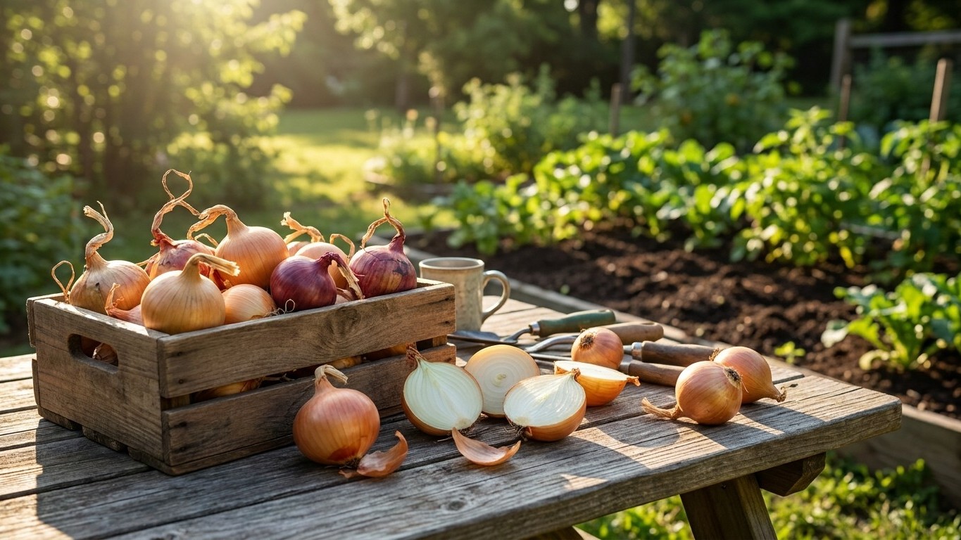 A wooden crate and table display freshly harvested onions of various colors in a sunlit vegetable garden.