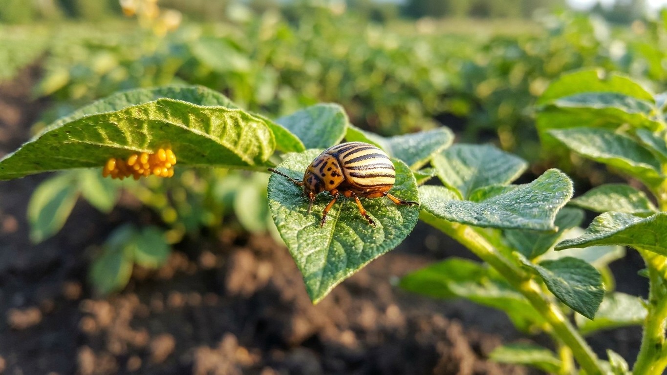 A Arkansas potato beetle with distinctive yellow and black stripes rests on a green potato plant leaf in a garden setting.