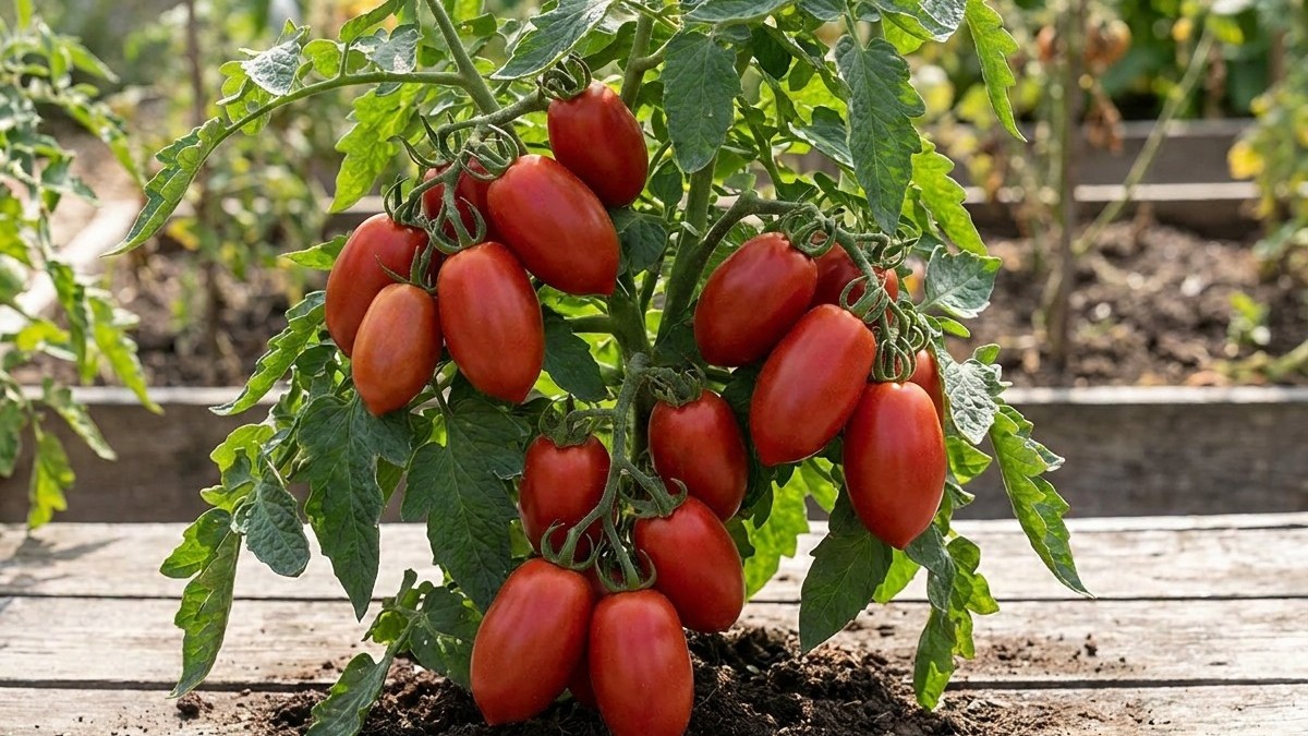 A cluster of ripe red tomatoes growing on a healthy vine with green foliage in a garden bed.