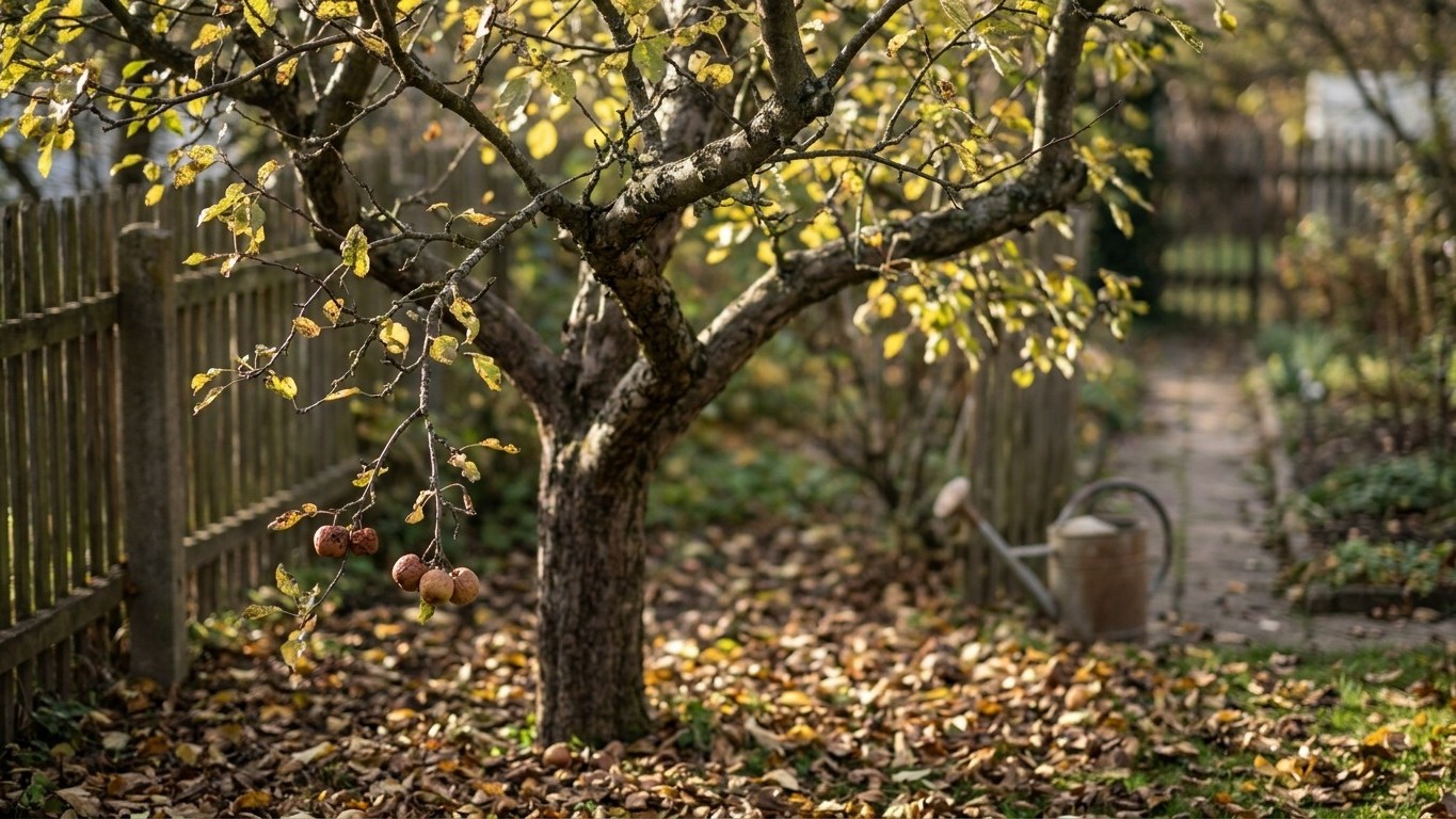 A mature apple tree laden with ripe red fruit in an autumn garden setting with wooden fencing and a watering can visible in the background.