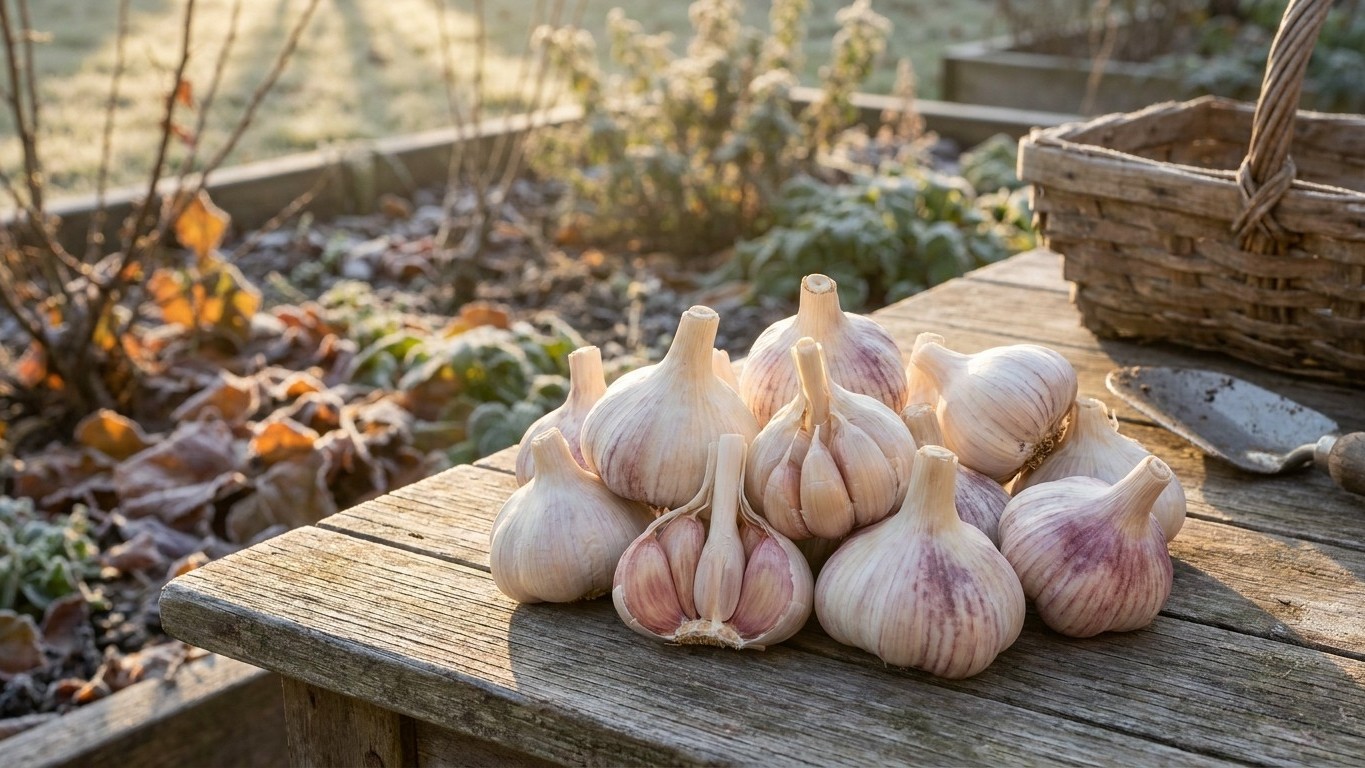 Freshly harvested garlic bulbs with papery skin displayed on a weathered wooden table in a garden setting.