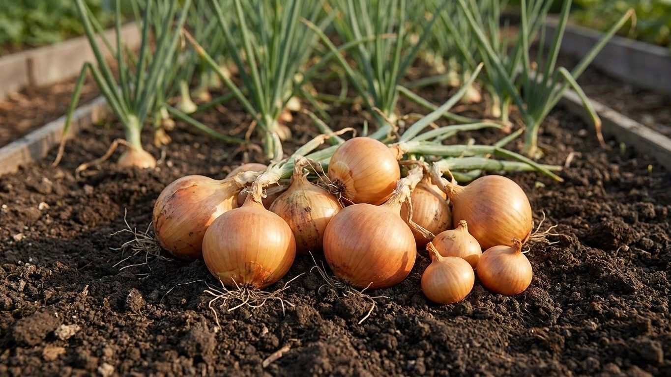 Freshly harvested golden onions with papery skin and dried green tops lying on dark soil in a vegetable garden bed.
