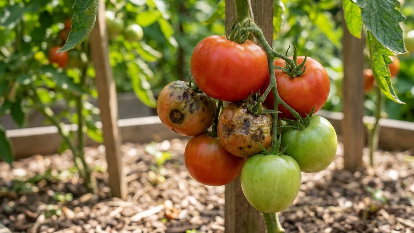 A tomato plant cluster showing ripe red fruits, green immature ones, and some with dark spots indicating disease or damage, growing in a garden with mulch and wooden supports visible.