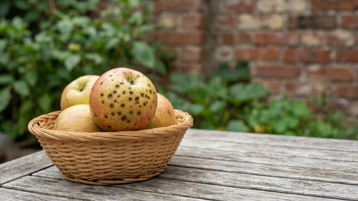 Three apples in a woven basket display harvested fruit with lenticels and natural coloring against a brick wall background.