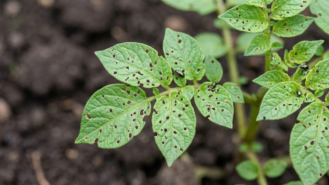 Potato plant foliage showing dark spots and lesions characteristic of fungal disease damage on green compound leaves.