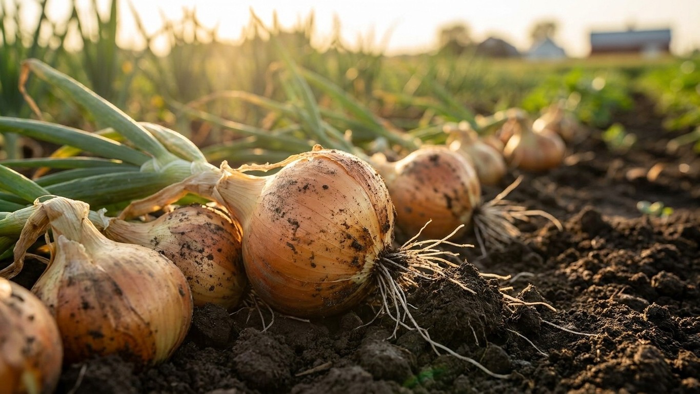 Freshly harvested onions with soil and green tops visible in a garden row during golden hour.