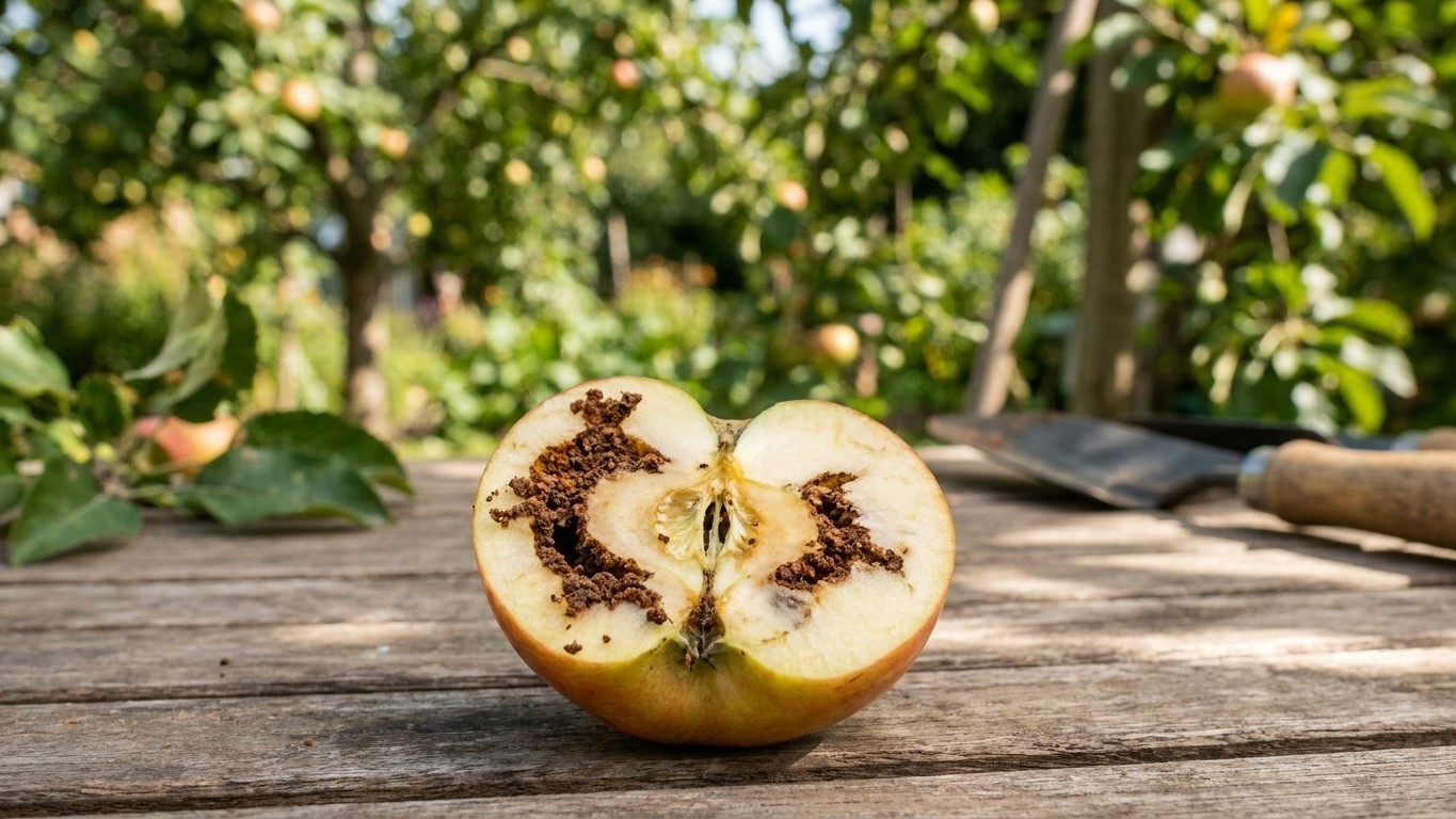 A fresh apple cut in half displaying seeds and interior flesh on a wooden surface with garden background.