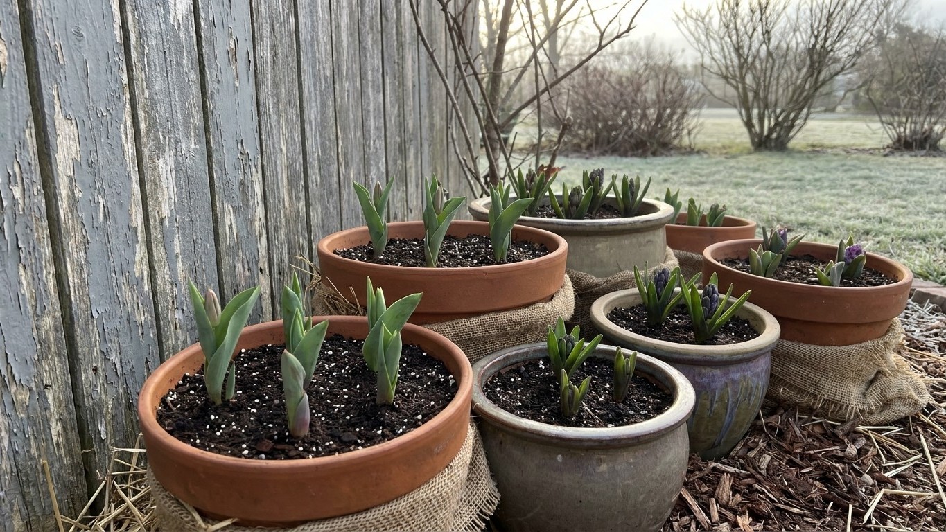 Multiple terracotta and ceramic pots with emerging spring bulb foliage arranged against a weathered wooden fence with bare trees visible in the background.