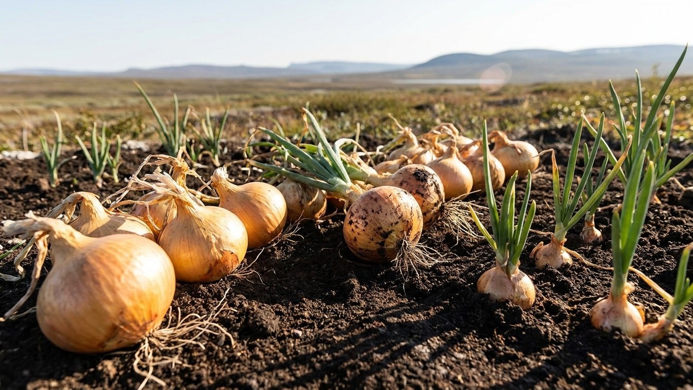 A productive onion field shows mature golden bulbs with emerging green shoots in dark agricultural soil under clear skies.