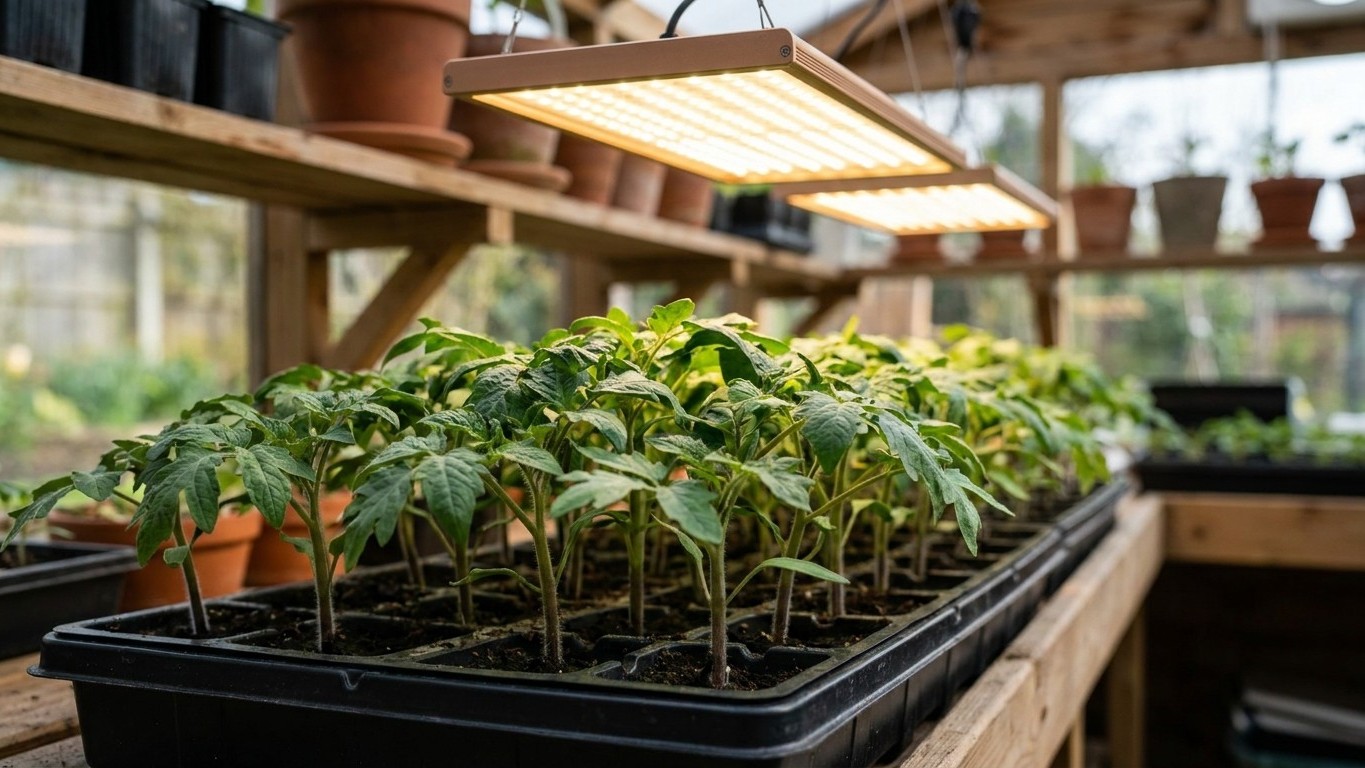 Young vegetable seedlings growing in propagation trays under LED grow lights inside a greenhouse nursery.
