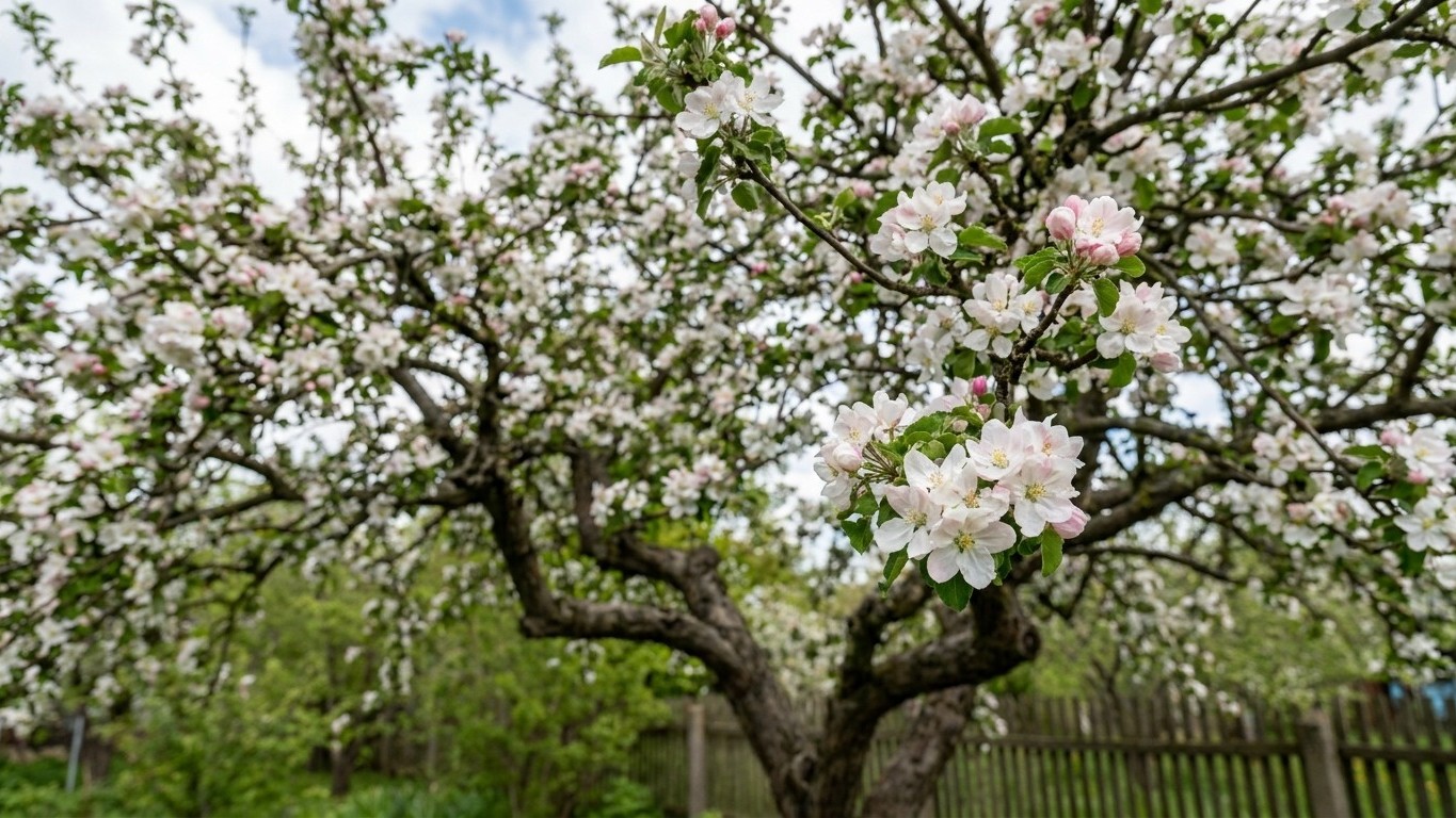 A mature fruit tree displays abundant white spring blossoms against green foliage and blue sky.