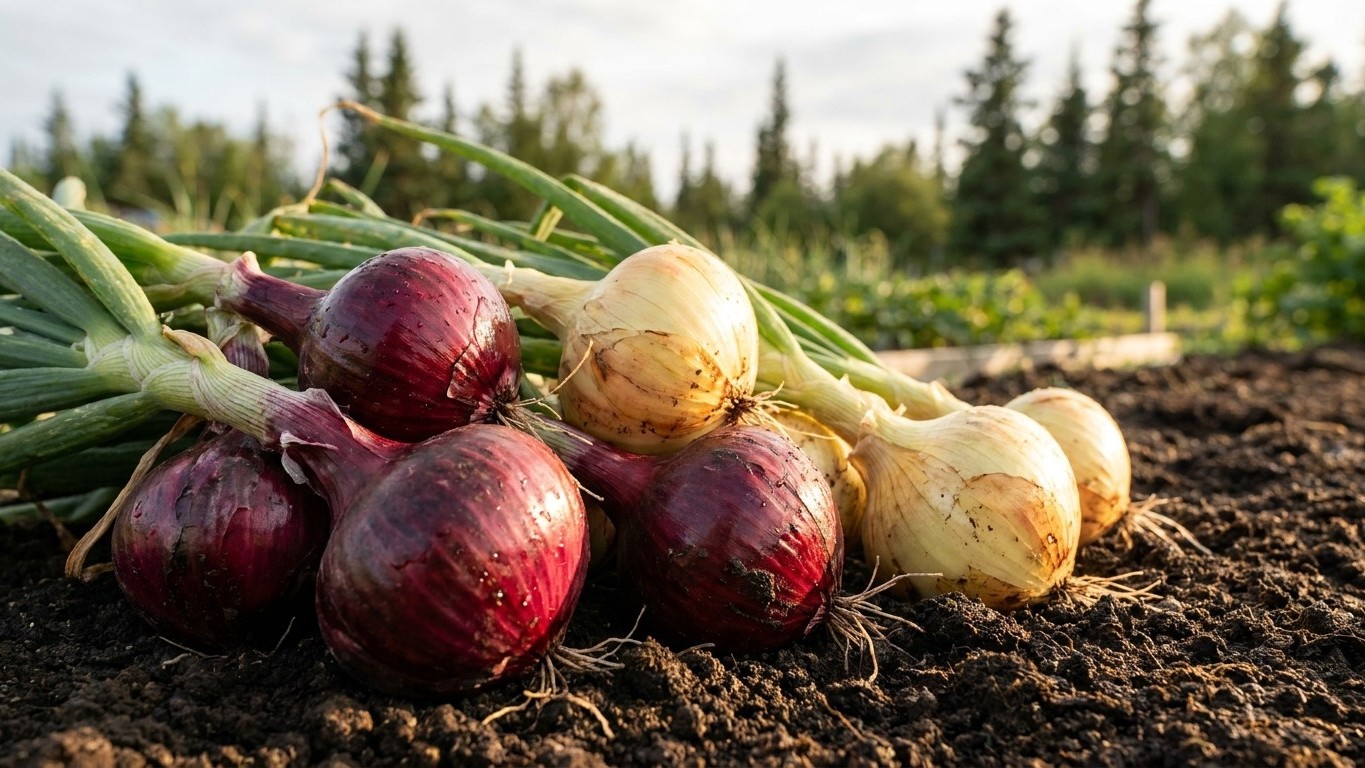 Freshly harvested red and yellow onions with soil and green stems lying on garden earth with conifer trees in background.