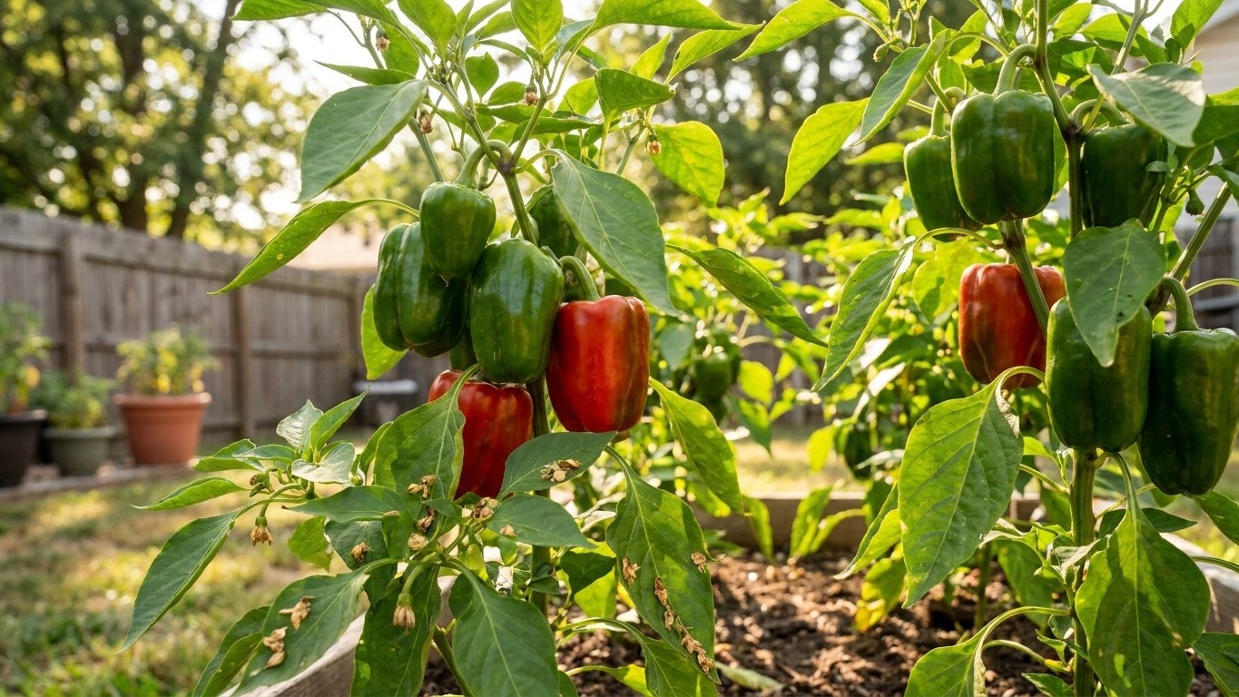 A thriving vegetable garden shows bell pepper plants bearing ripe red and unripe green peppers in bright sunlight with a residential fence visible in the background.
