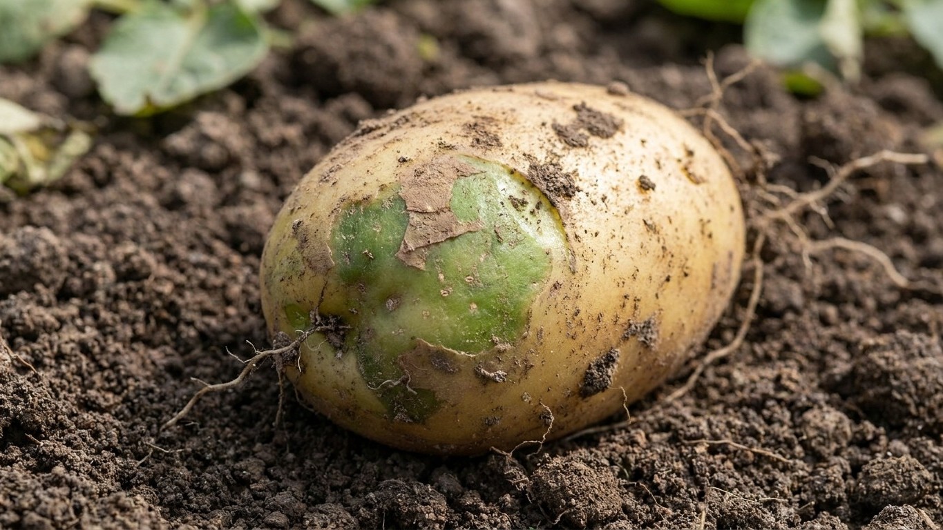 A freshly harvested potato with green sprouted eyes rests on dark garden soil.