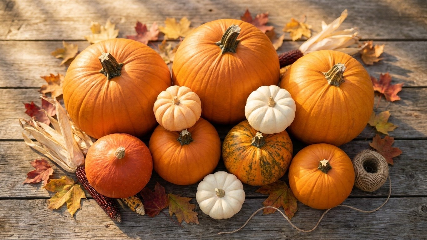 A styled autumn harvest scene featuring various orange and white pumpkins and gourds arranged on weathered wooden boards with decorative fall foliage and twine.