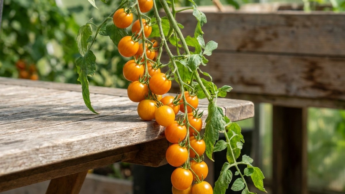 Clusters of ripe orange cherry tomatoes with green foliage drape over a weathered wooden table edge in a sunny garden setting.