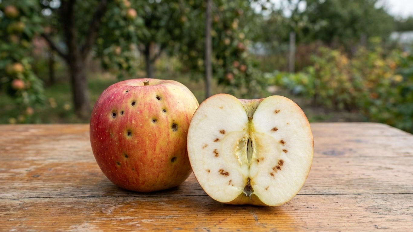 A whole red apple and a cross-sectioned half displaying interior flesh and seeds, arranged on weathered wood with an orchard visible in the background.