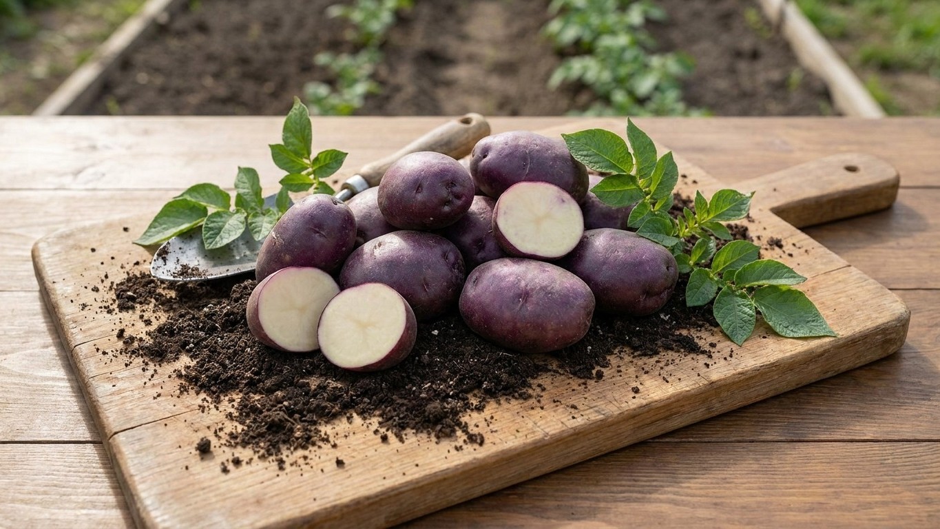 Purple potatoes displayed on a wooden board with soil and fresh mint leaves, with garden beds visible in the background.